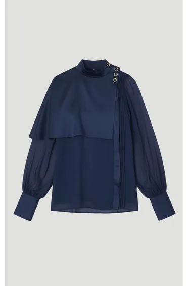 كارين ميلين بلوزة شيفون كحلي بكسرات بأكمام طويلة