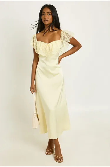 Lace Bardot Satin Midaxi Dress - lemon