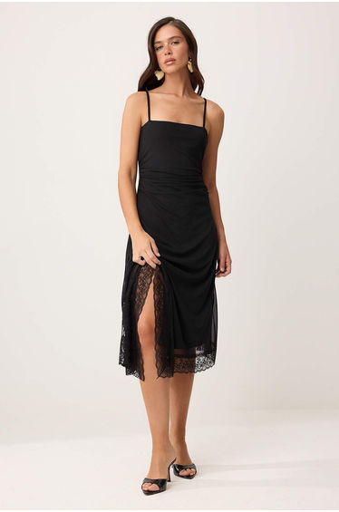 Black A-Line/A-Line Form Square Neck Thin Strap Sleeveless Tulle Knitted Dress