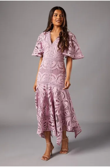 Petite Placement Lace Hanky Hem Dress