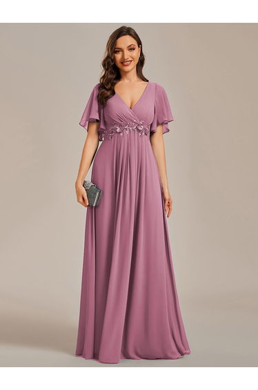 ever IVYROSE|Ruffles Sleeve A-Line Chiffon Waist Applique Maxi Formal Evening Dress