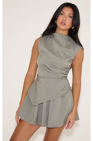 Taupe Woven Boat Neck Ruched Detail Shift Dress