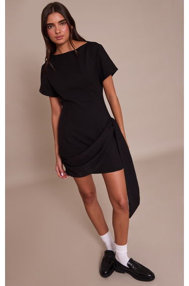 Black Tailored Woven Wrap Detail T-Shirt Dress
