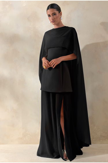 Chessa | Black High-Neck Maxi Dress With Sheer Cape