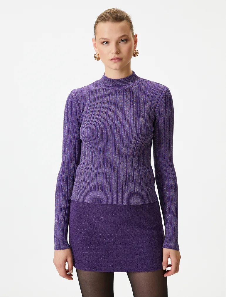 Half Turtle Neck Glitter Knitted Sweater - 2