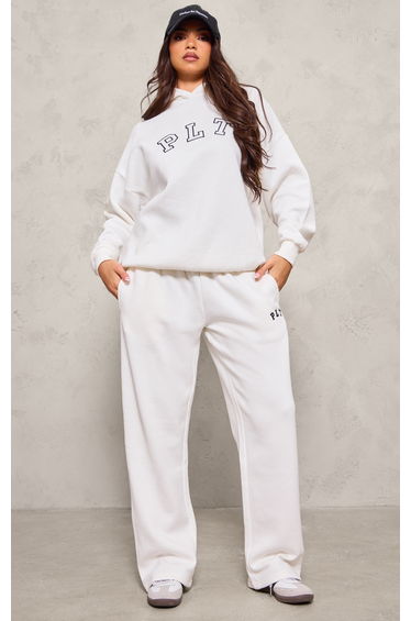 PRETTYLITTLETHING Cream Logo Oversized Wide Leg Joggers