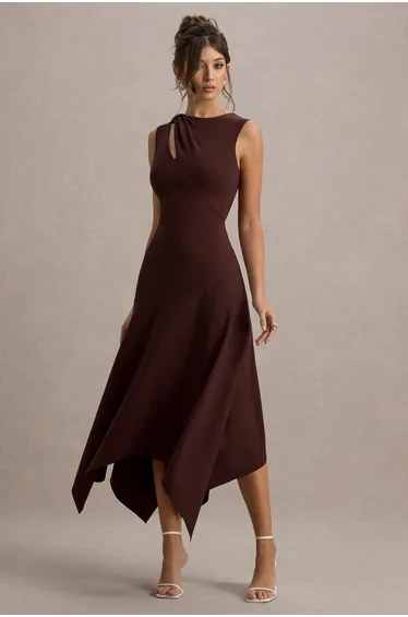 Francesca | Brown Knotted Midi Dress With Handkerchief Hem