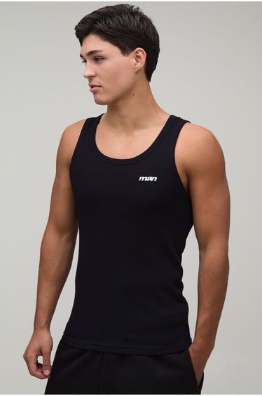 Muscle Fit Man Sport Embroidered Ribbed Vest - black