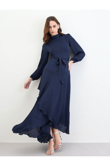 Navy Blue Long Sleeves A-Line Maxi Dress