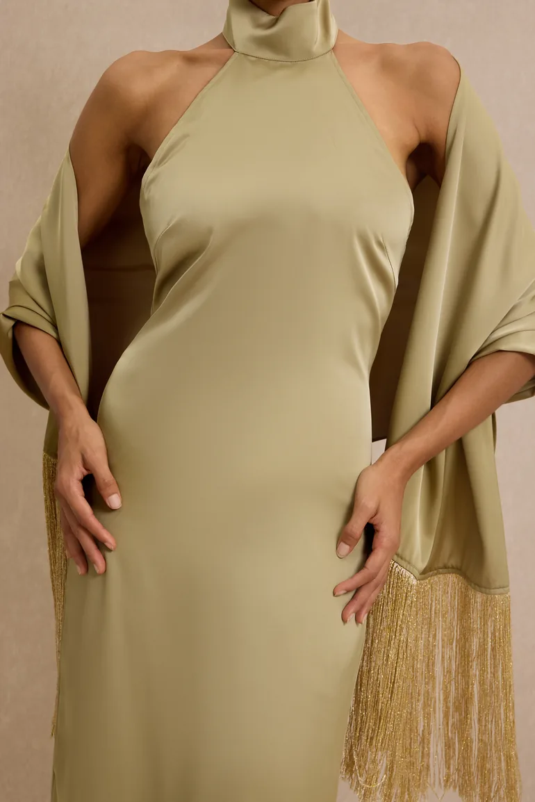 Satin Tassel Maxi Dress With Cape - 6