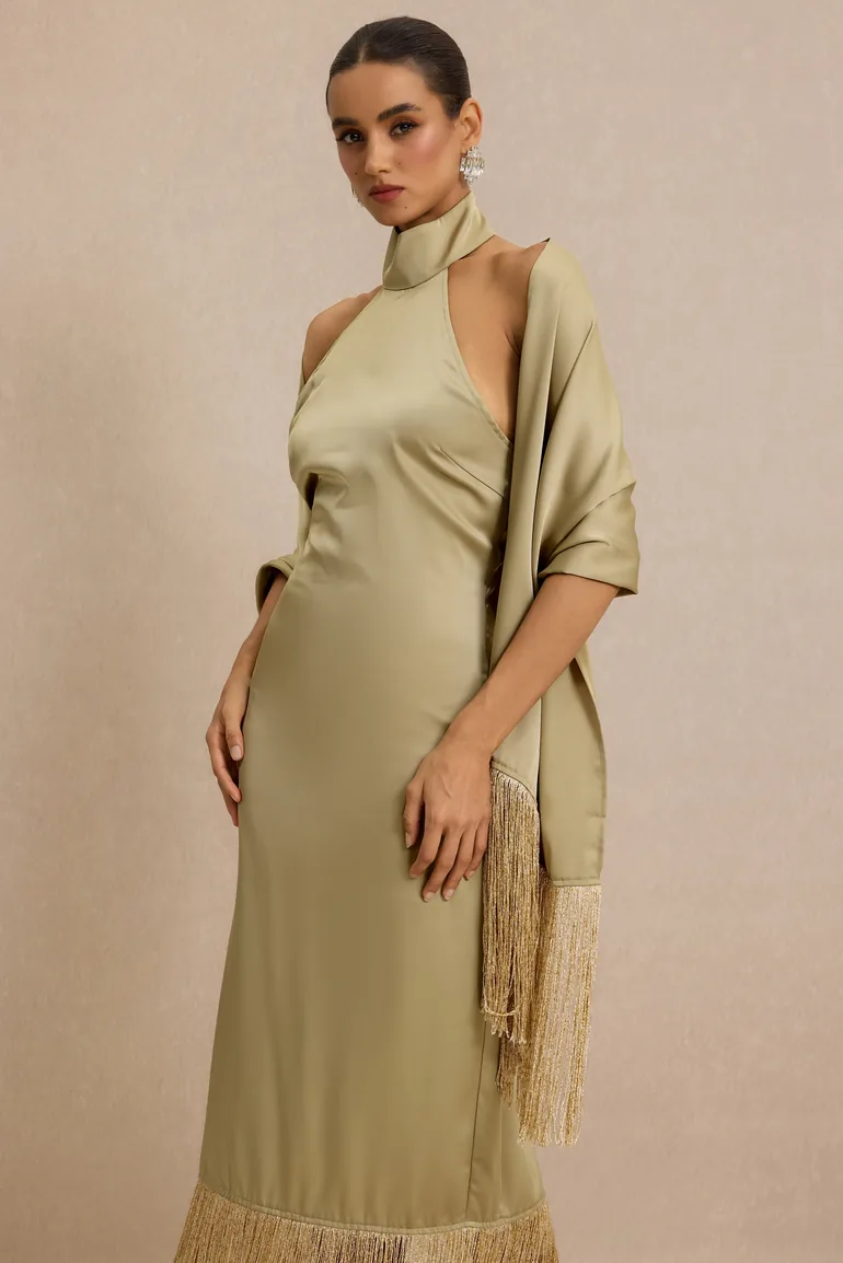 Satin Tassel Maxi Dress With Cape - 3