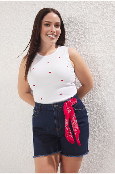 White Small Red Heart Embroidered Plus Size Tank Top