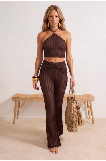 Brown Knitted Openwork Accessory Detailed Beach Blouse Trousers Set