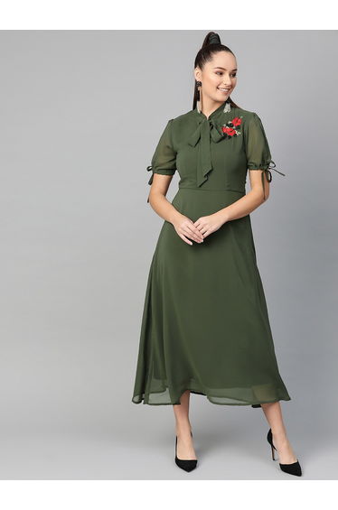 Olive Embroidered Detail Midi Dress