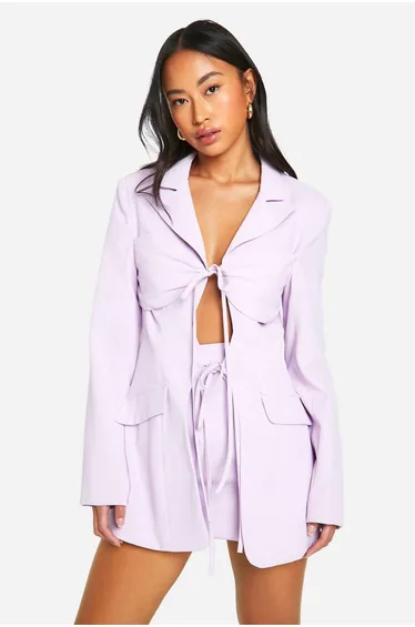 Tie Front Detail Fitted Blazer - lilac