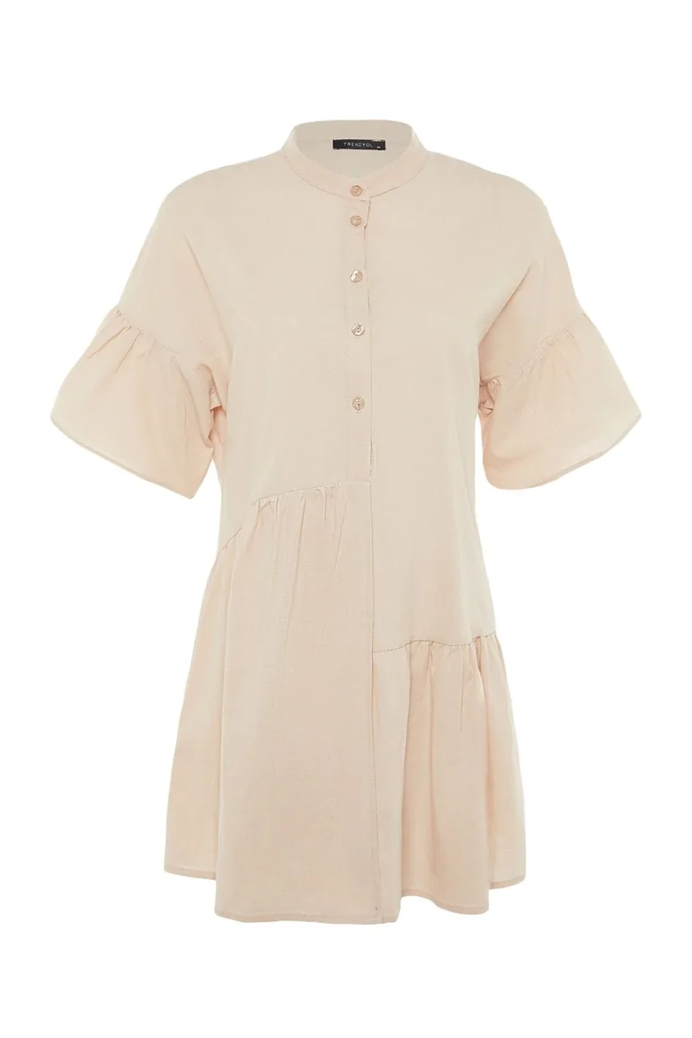 Wide Fit Beige Mini Weave Ruffled 100% Cotton Beach Dress - 6