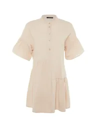 Wide Fit Beige Mini Weave Ruffled 100% Cotton Beach Dress - 6