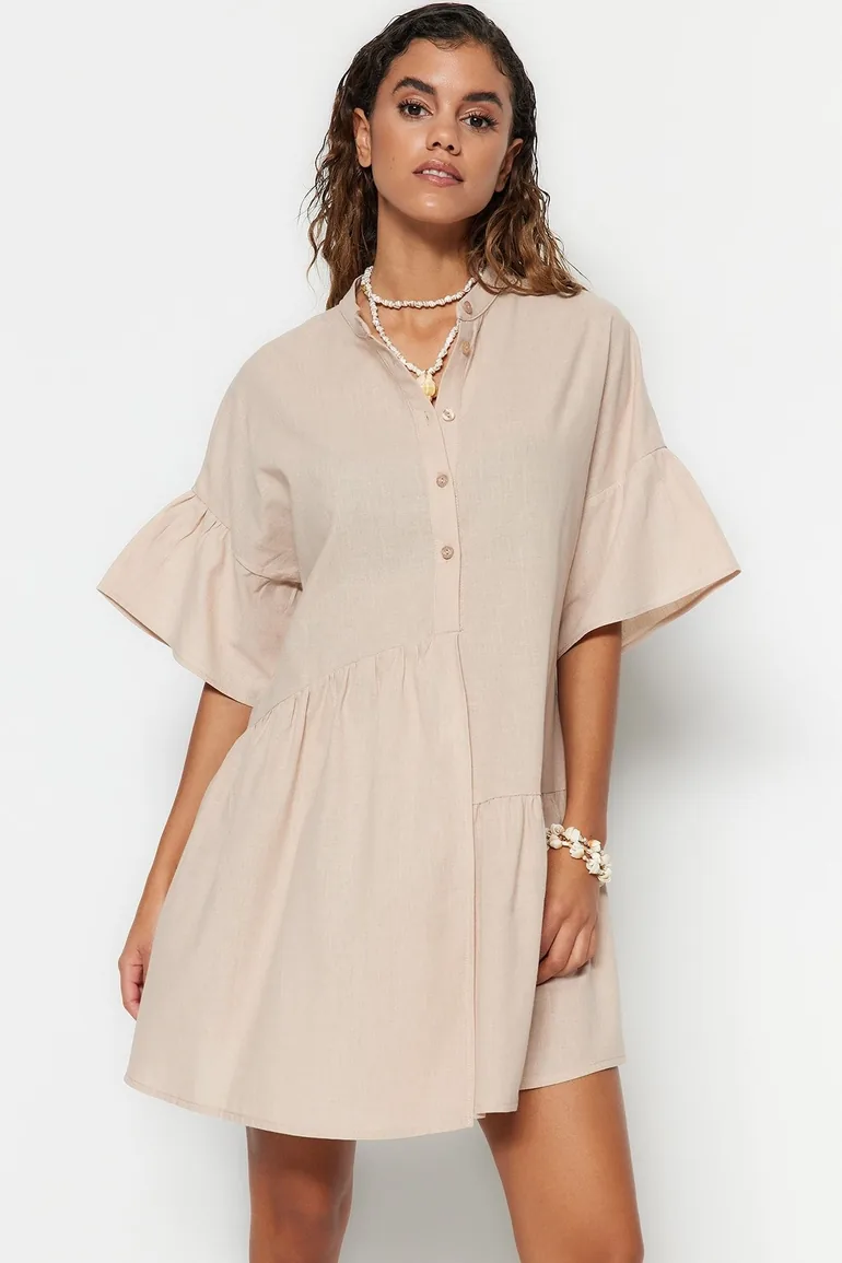 Wide Fit Beige Mini Weave Ruffled 100% Cotton Beach Dress