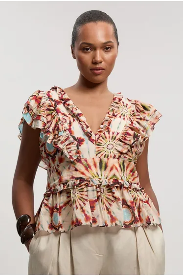 Plus Size Tile Print Silk Cotton Ruffle Detail Woven Top