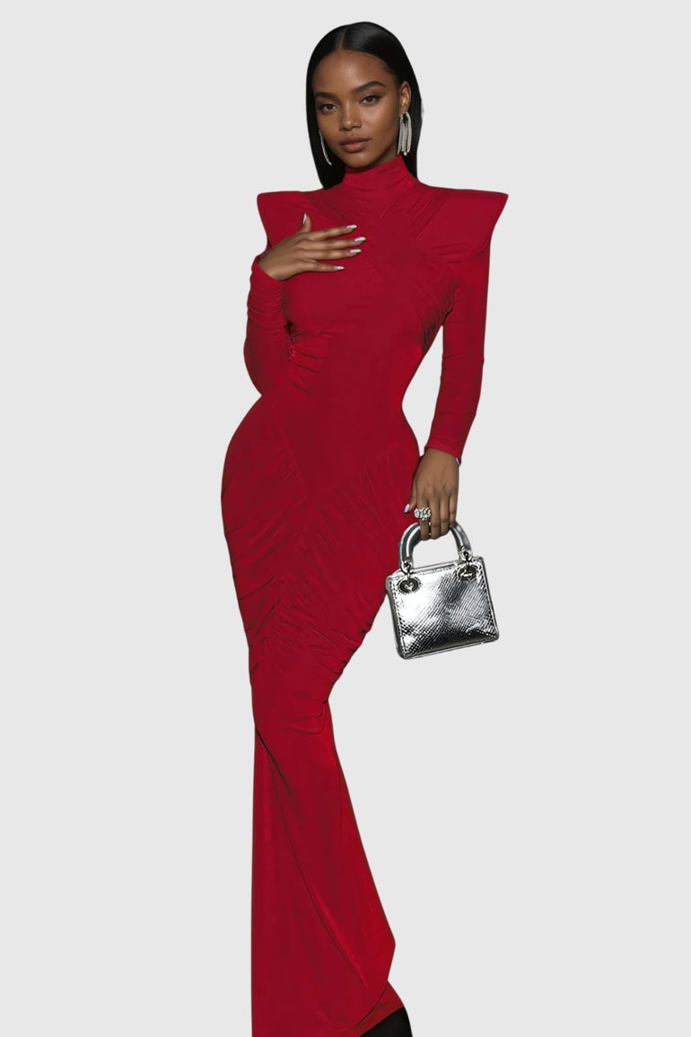 Donata Backless Ruch Bodycon Maxi Dress In Red Innovare Denim Red