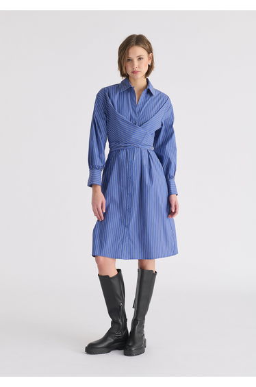 Striped Shirt Dress with Waist Tie
