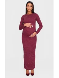 Maternity Burgundy Rib Ruched Maxi Dress