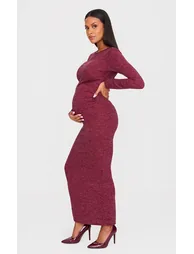 Maternity Burgundy Rib Ruched Maxi Dress - 2
