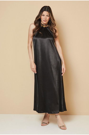 Satin Embellished Floral Neck Trim Halter Dress