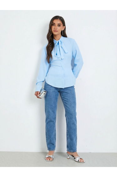 Women Blue Tie-Neck Long Sleeve Shirt