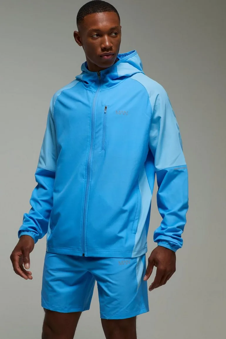 Man Active Colour Block Stretch Woven Short Tracksuit - light blue