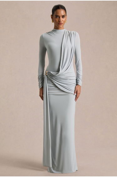 Melissa | Blue Long-Sleeve Wrap Maxi Dress With Draped Detailing