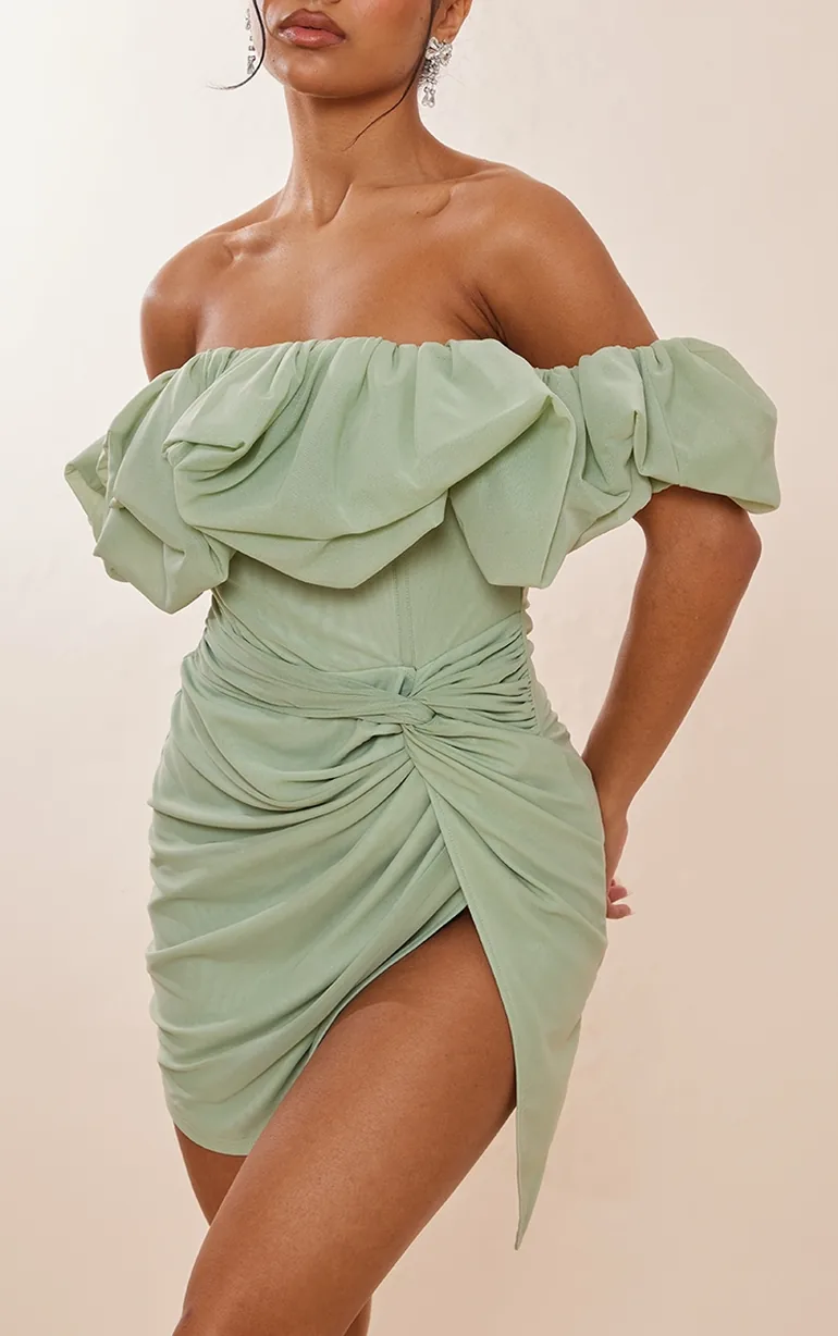 Shop Sage Green Mesh Puff Detail Corset Bodycon Dress Online in Bahrain