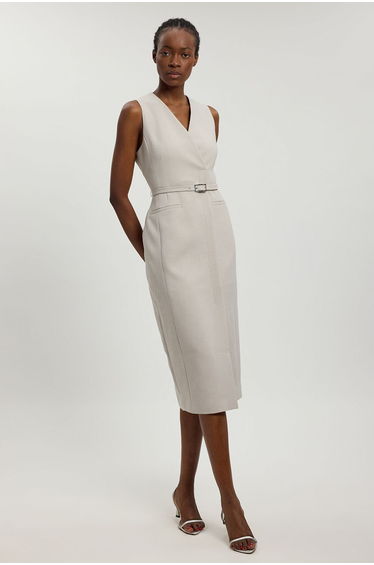 Compact Stretch Belted Tailored Pencil Midi Dress