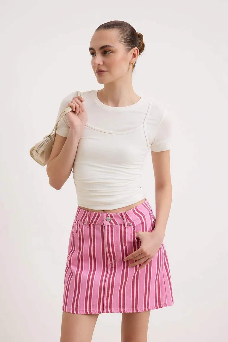 Pink Striped Mini Denim Skirt - 1