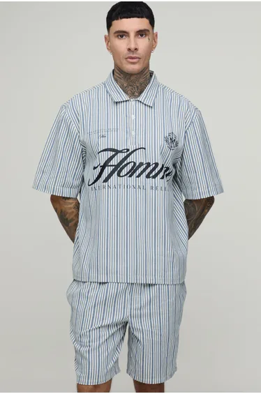 Tall Oversized Half Sleeve Stripe Polo Shirt and Short Set - blue