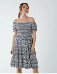 Puff Sleeve Bardot Shirred Dress - 2