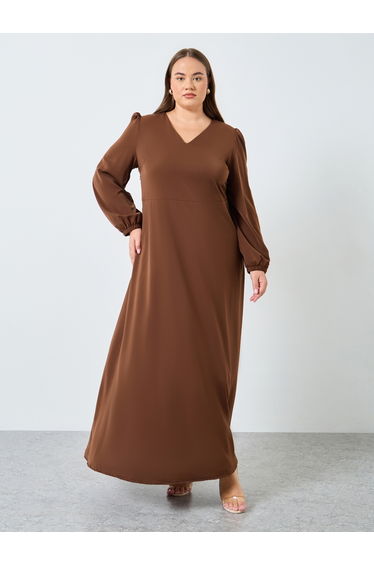 Plus Size Brown Maxi Dress with V Neck