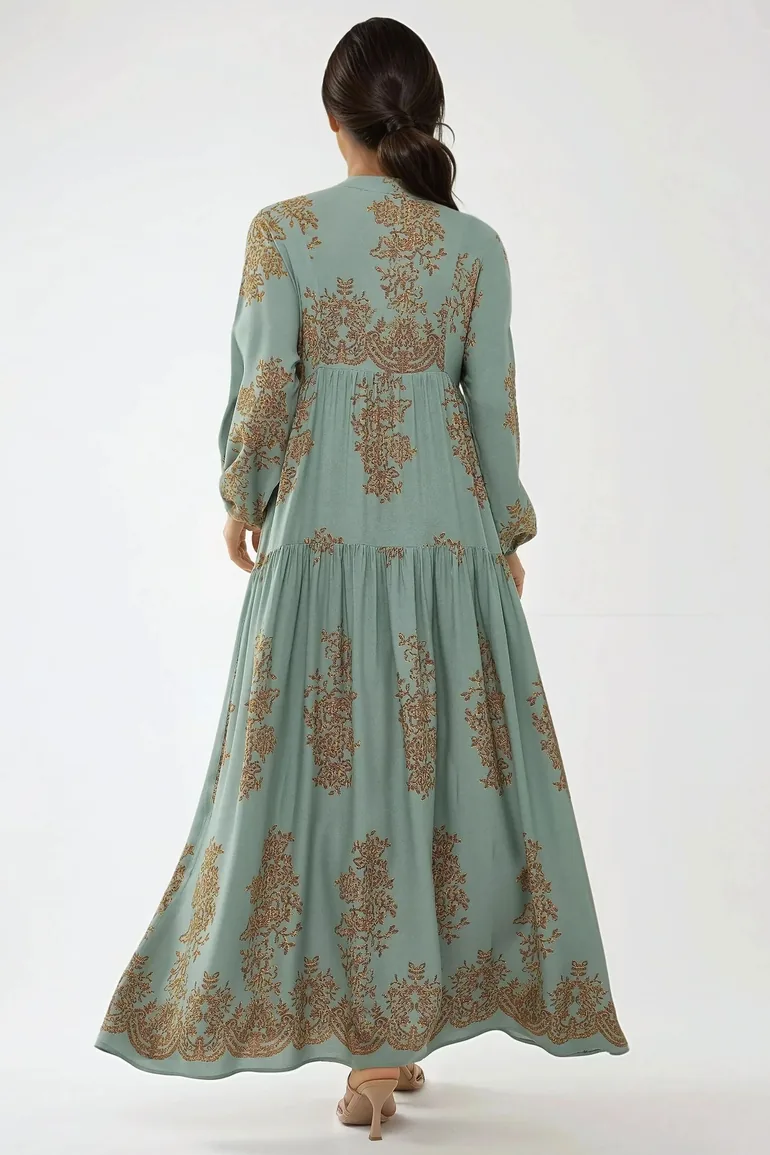 Printed Viscon Maxi Dress with Shirt Collar - 3