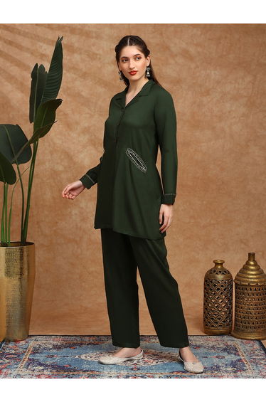 Embroidered Detail Pocket Shirt Style Tunic and Trousers Co-Ords