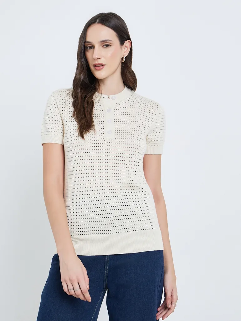 Women Flat Knit Crochet Look 100%Cotton Top - 2
