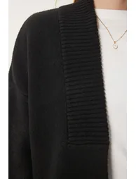 Women's Black Pocket Thick Textured Knitwear Cardigan - 5