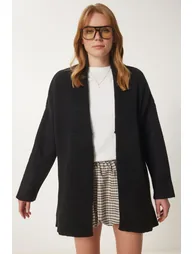 Women's Black Pocket Thick Textured Knitwear Cardigan - 4