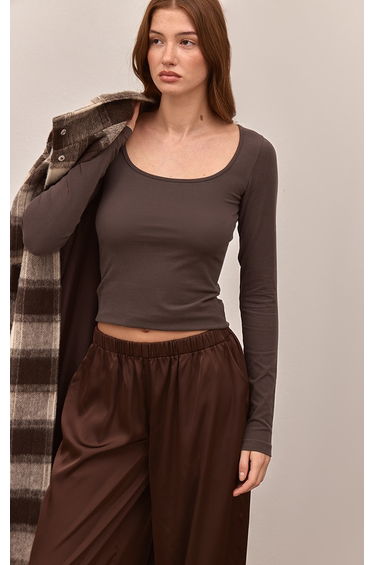 Dark Chocolate Soft Cotton Scoop Neck Long Sleeve Top