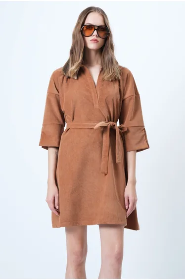 Women's Tan Polo Neck Half Placket Self Belted Velvet Dress