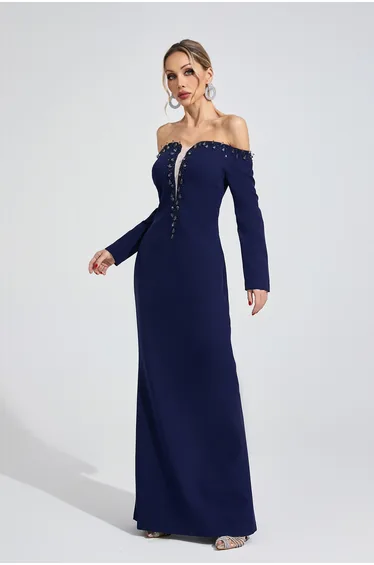 فستان ماكسي مزين بأحجار لامعة - أزرق