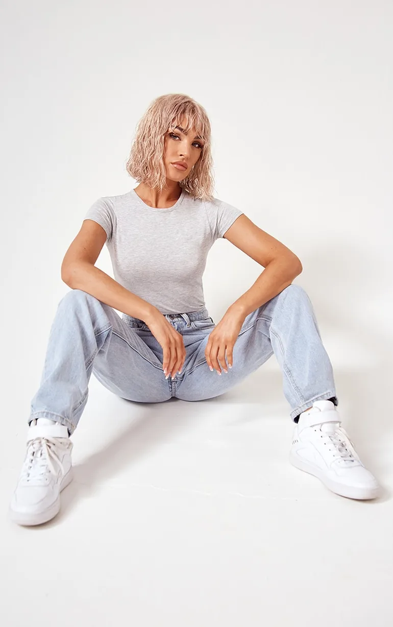 Essential Grey Marl Fitted Short Sleeve Bodysuit - 1