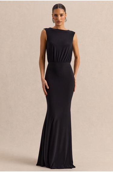 Elicette | Black Round-Neck Maxi Dress With Open-Back And Bow-Detail