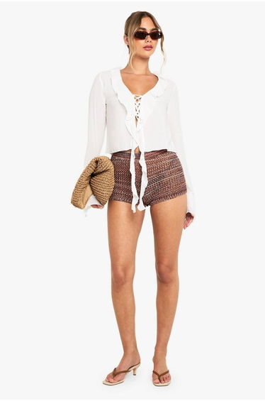 Chiffon Tie Front Ruffle Blouse - ecru