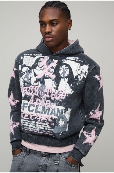 Boxy Gothic Ofcl Man Star Printed Faux Layer Hem Washed Hoodie - washed black