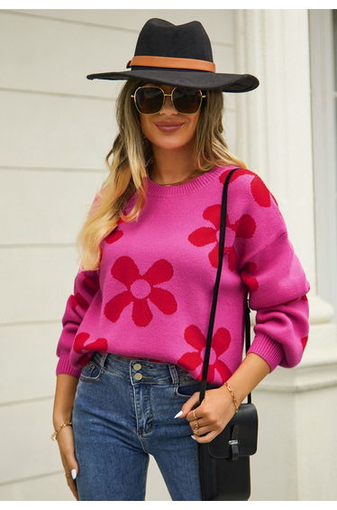 Cuteness Flowers Boxy Round Neck Knit Sweater in Hot Pink